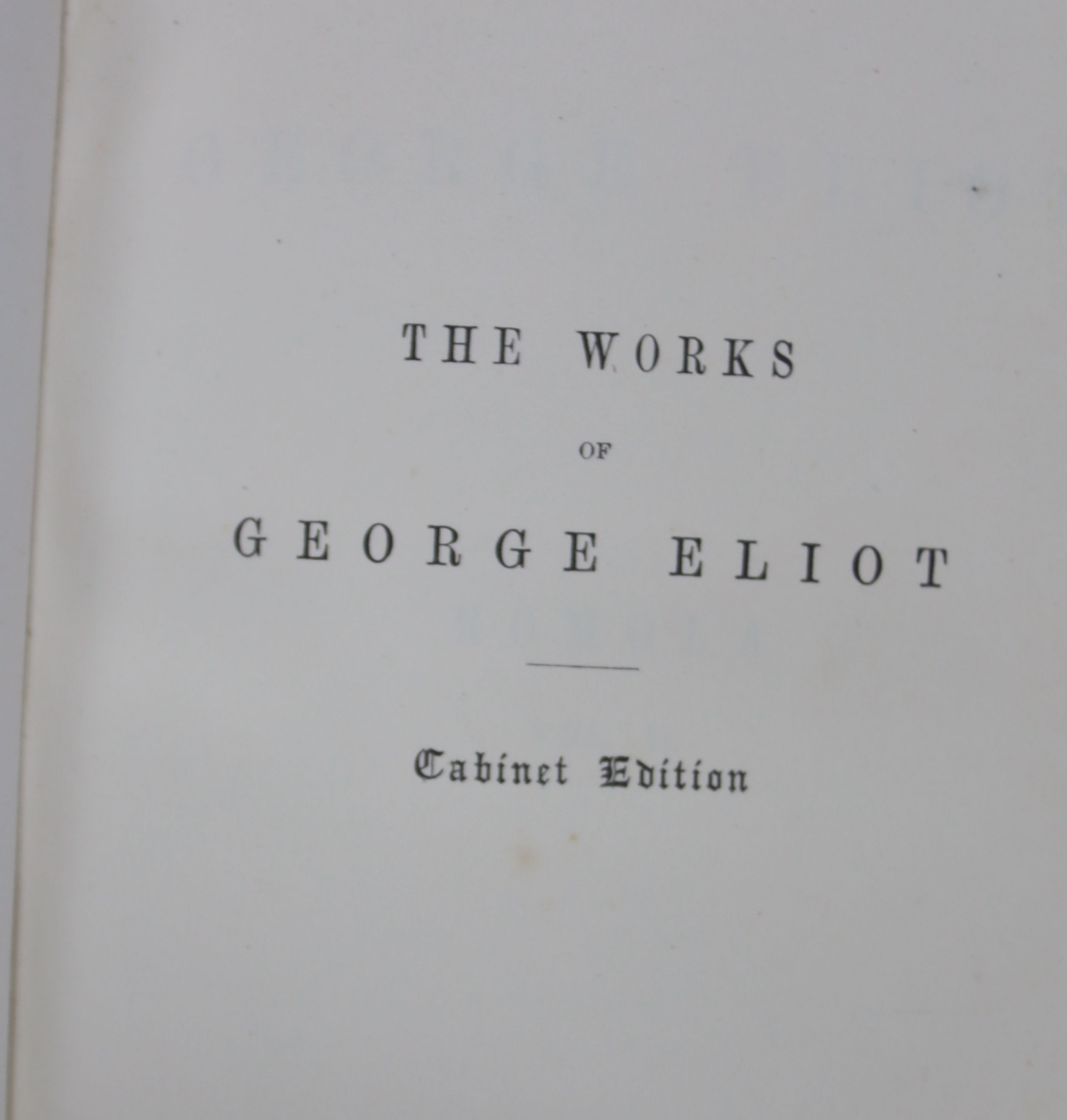 The Works of George Eliot, Cabinet Edition, Blackwood and Sons, 18 vols, gilt-tooled tan half calf and marbled boards, 8vo and a quantity of leather-bound and other literary works